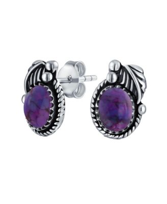 Native American Style Stabilized Oval Bezel Leaf Rope Edged Stud Earrings Western Jewelry Oxidized .925 Sterling Silver