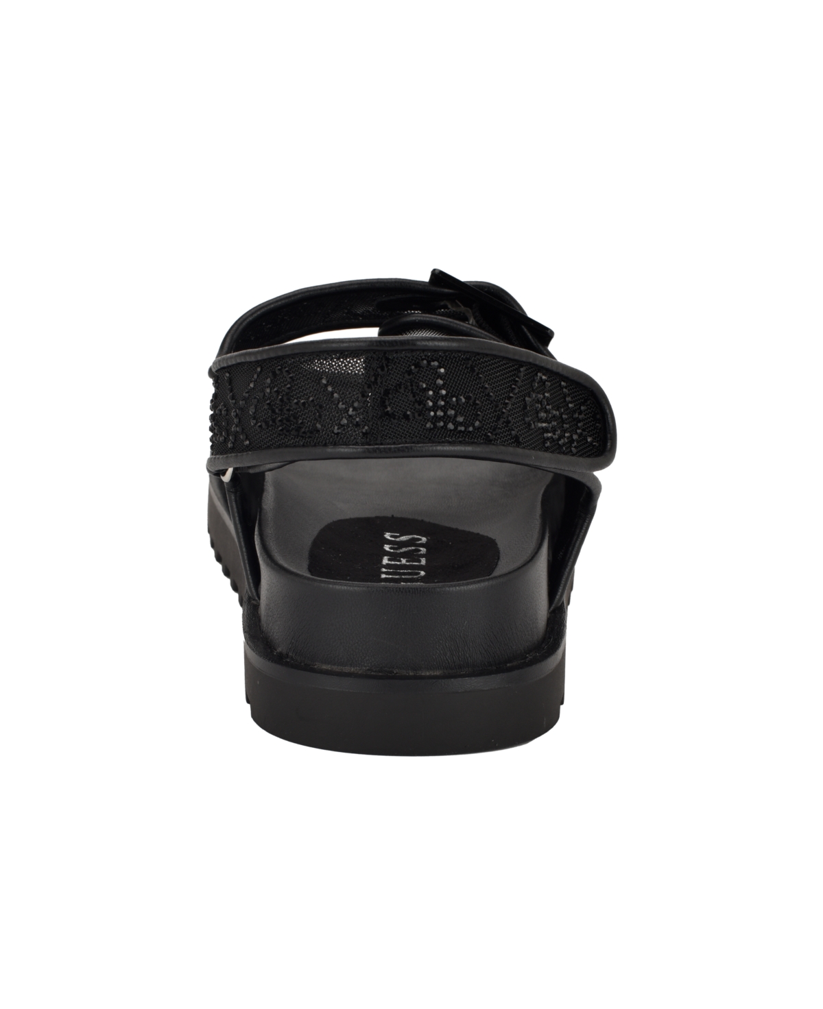 Guess Women's Frella Two Band Embellished Footbed Sandals In Black,white Rhinestone Logo Mesh