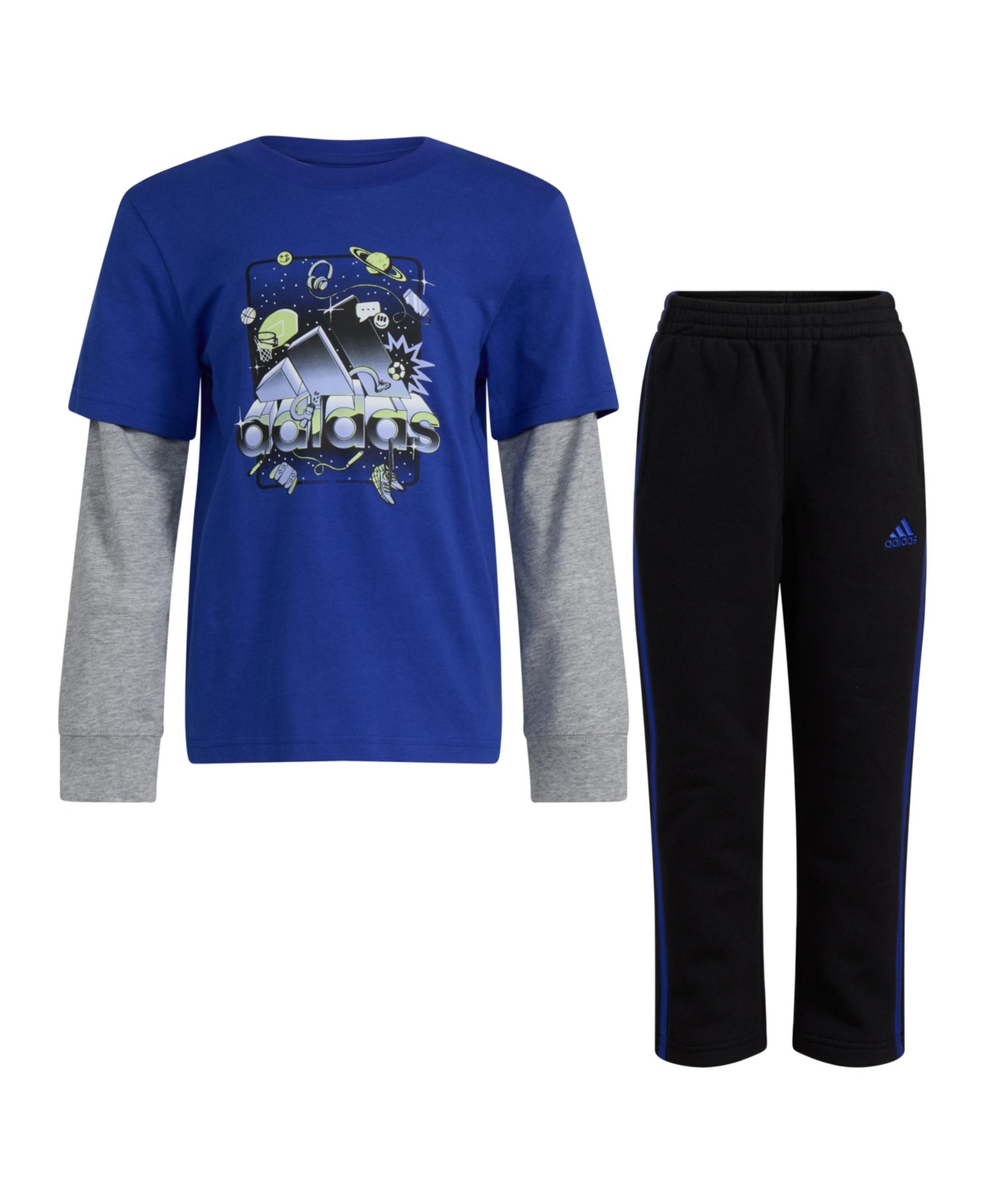 Adidas Originals Little And Toddler Boys Graphic Layered Cotton Tee And Pant, 2-piece Set In Semi Lucid Blue