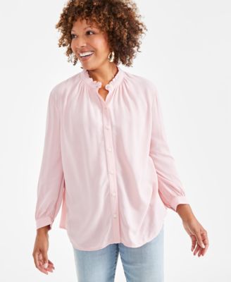 Women's Ruffle Hem Long-Sleeve Button-Front Top