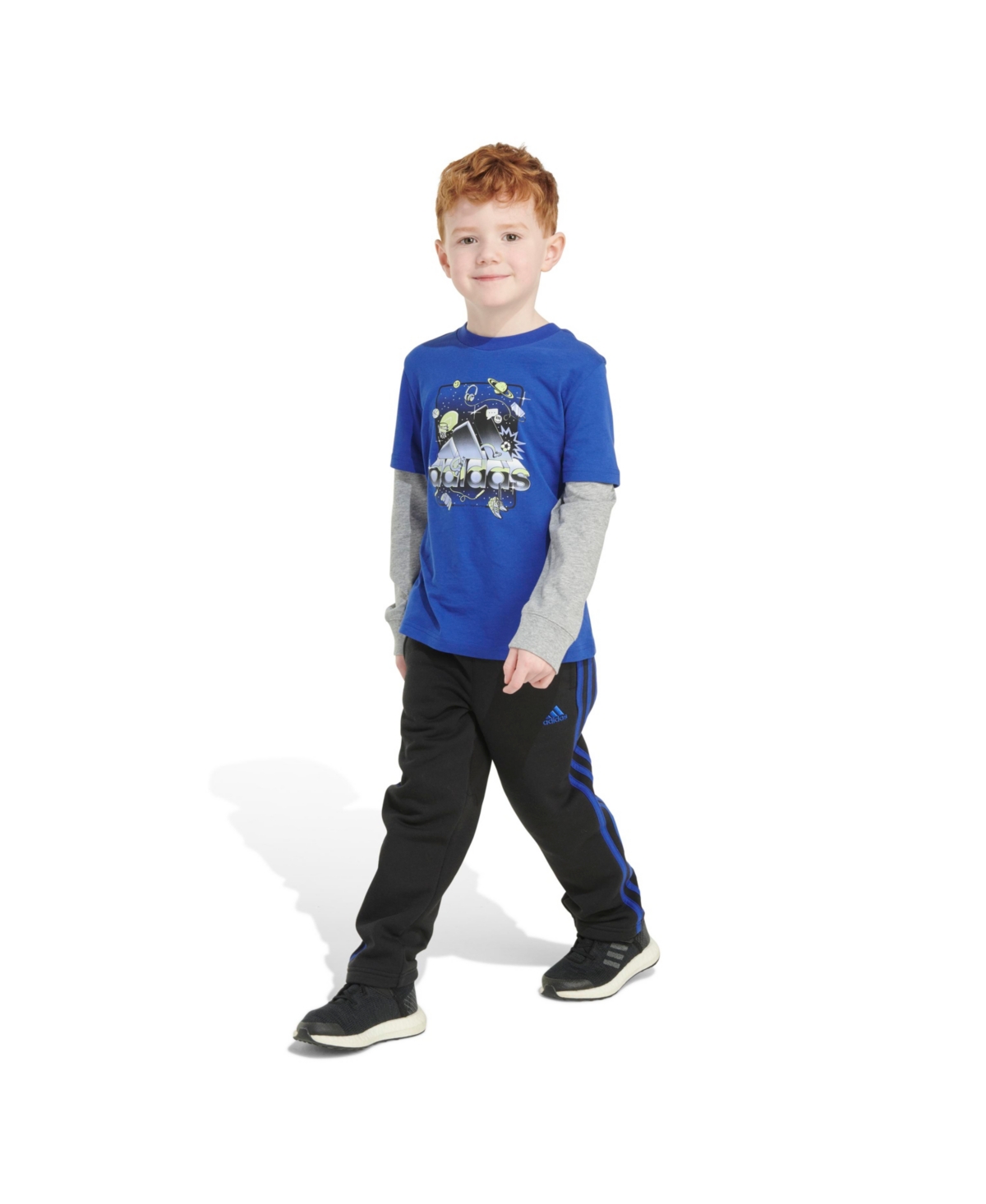 Adidas Originals Little And Toddler Boys Graphic Layered Cotton Tee And Pant, 2-piece Set In Semi Lucid Blue
