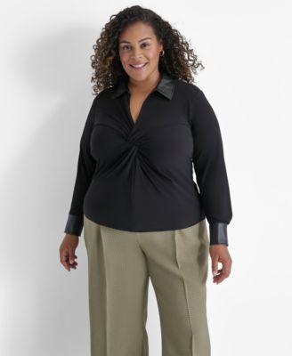 DKNY - Plus Size Twisted Faux-Leather-Collar Top
