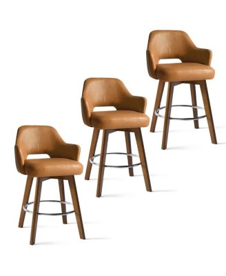 Set of 3 Swivel Faux Leather Counter Height Bar Stools with Back and Arms, 26'' Seat, Rubberwood Legs-Maison Boucle