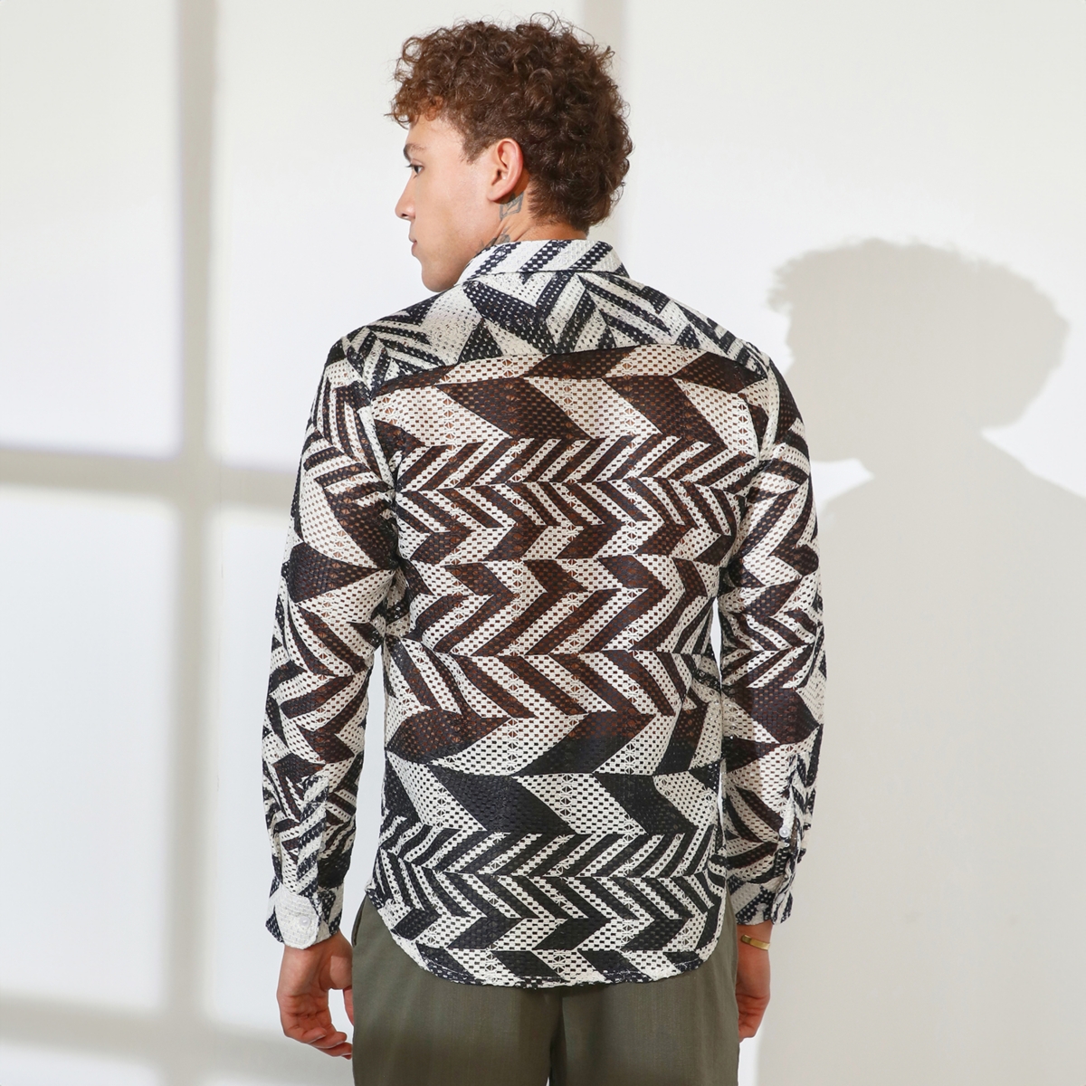 Campus Sutra Men's Taupe& Cream White Chevron-Knit Shirt - Brown