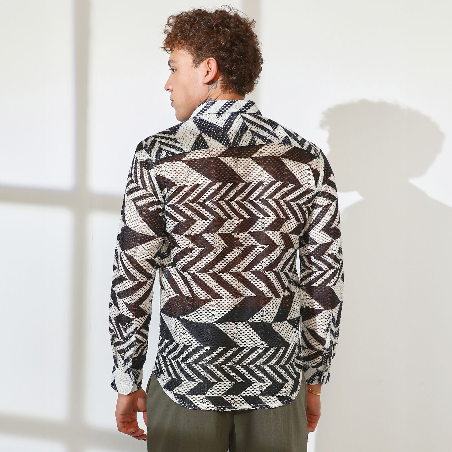 Men's Taupe Brown & Cream White Chevron-Knit Shirt