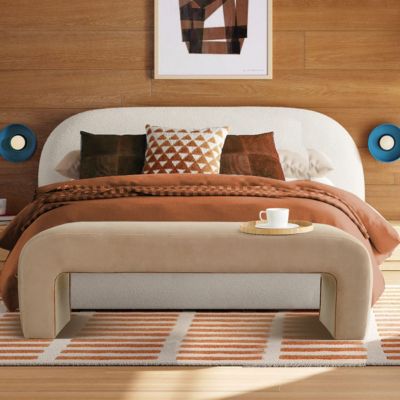 60" Waterfall Upholstered Bench with Solid Wood Frame and Boucle Fabric for Bedroom or Entryway