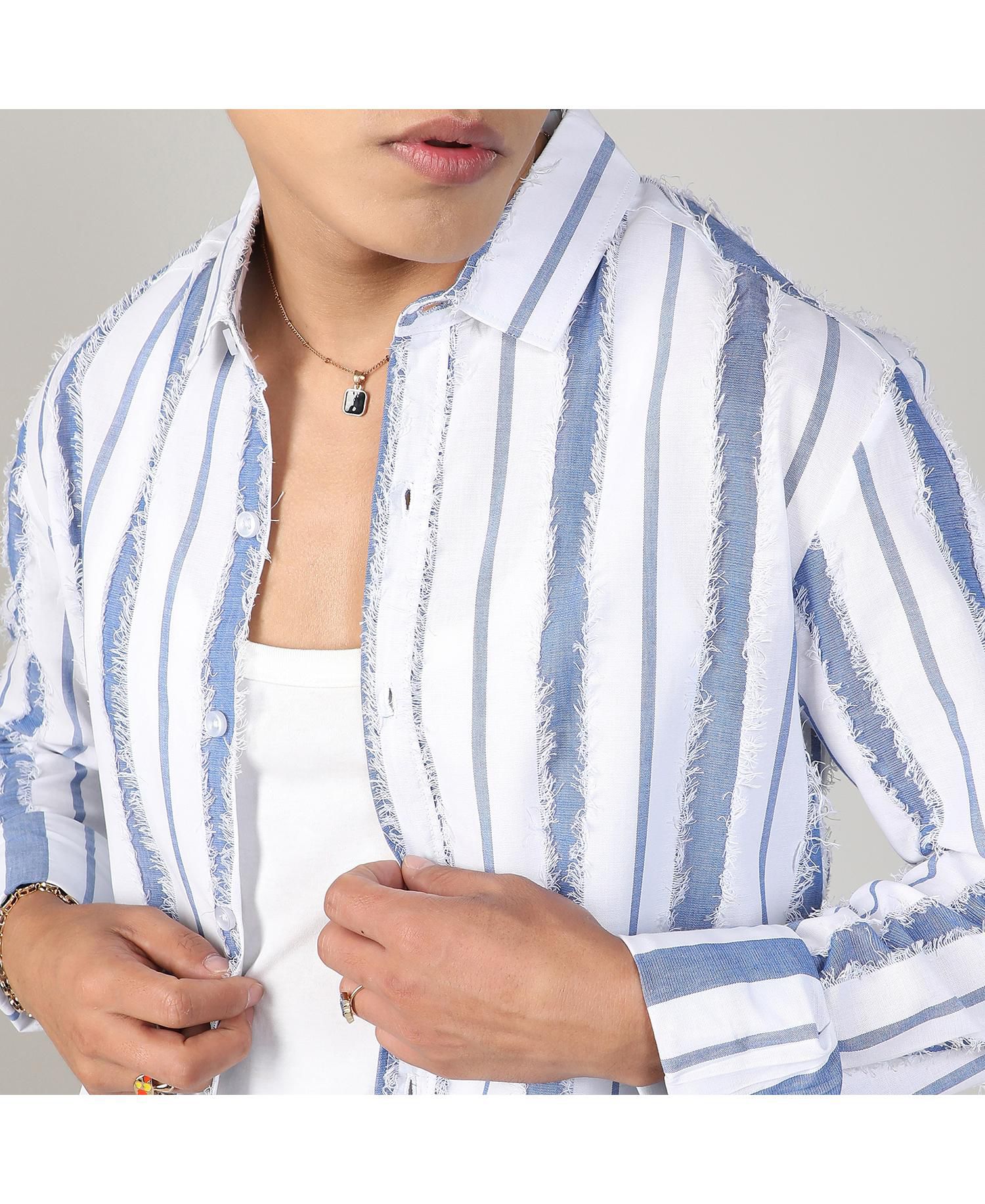 Men's Sky Blue & Chalk White Striped Fringe Shirt
