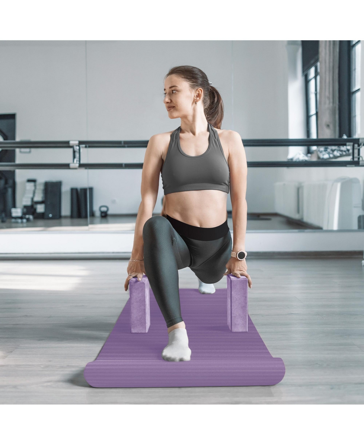 BalanceFrom Fitness 7 Piece Yoga Set with Mat, Stretch Strap & Knee Pad,- Purple