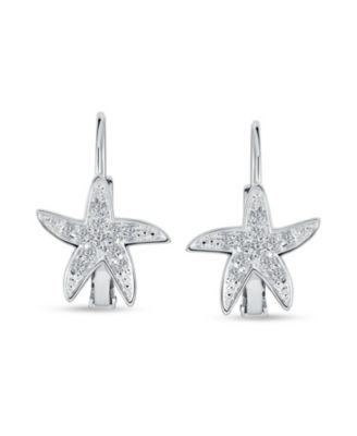 Beach Nautical Cubic Zirconia Pave CZ Starfish Drop Earrings For Women .925 Sterling Silver Lever Back