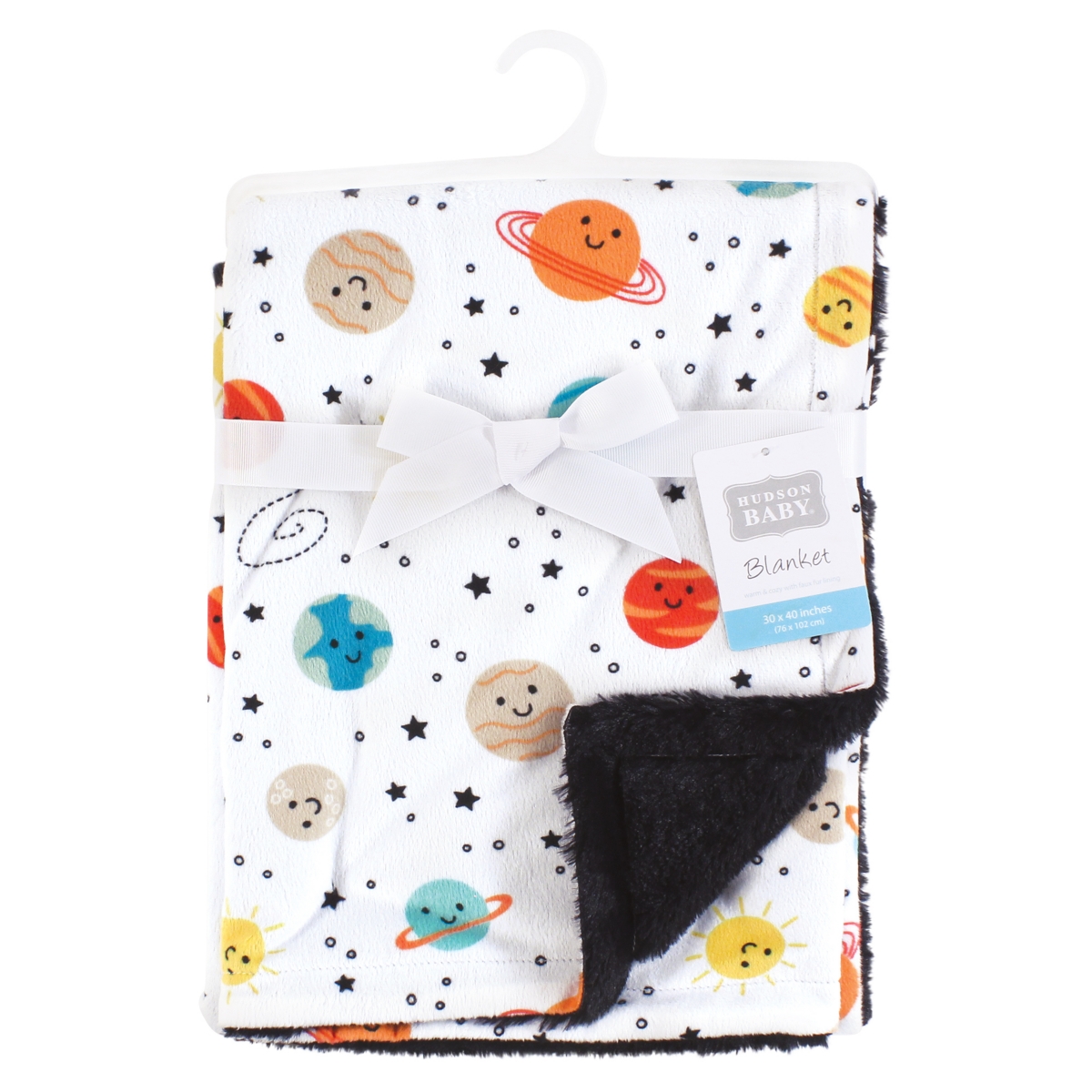 Hudson Baby Plush Blanket with Furry Binding and Back, One Size - Happy planets