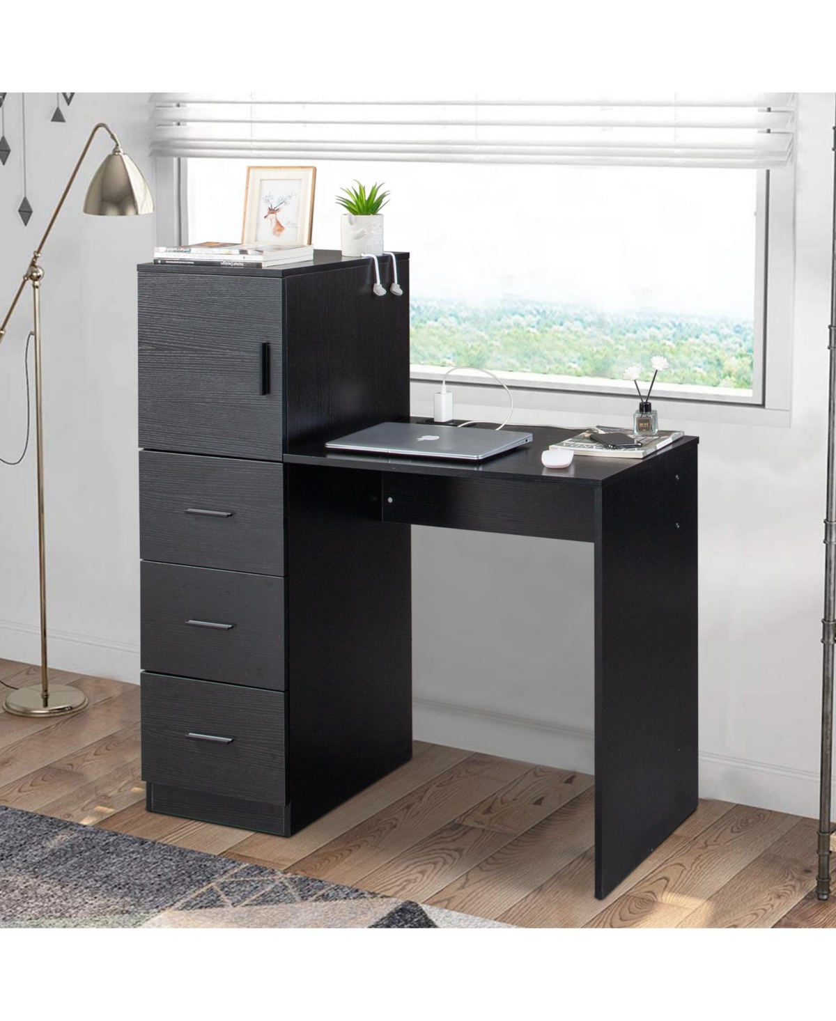 Slickblue Embossed Melamine H-Type Computer Desk with One Door, Three Drawers, 2 Usb Ports, and 2 Power Sockets