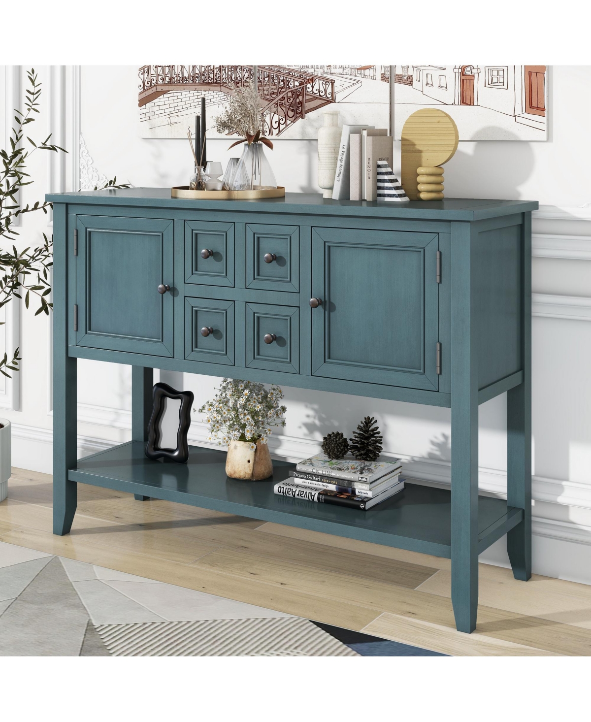 Slickblue Series Ample Storage Vintage Console Table with Four Small Drawers and Bottom Shelf for Living Rooms, Entrances and Kitchens