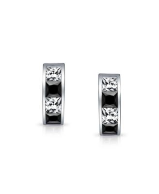 Small Square Princess Cut Black White CZ Channel Set Huggie Hoop Earrings Cubic Zirconia .925 Sterling Silver