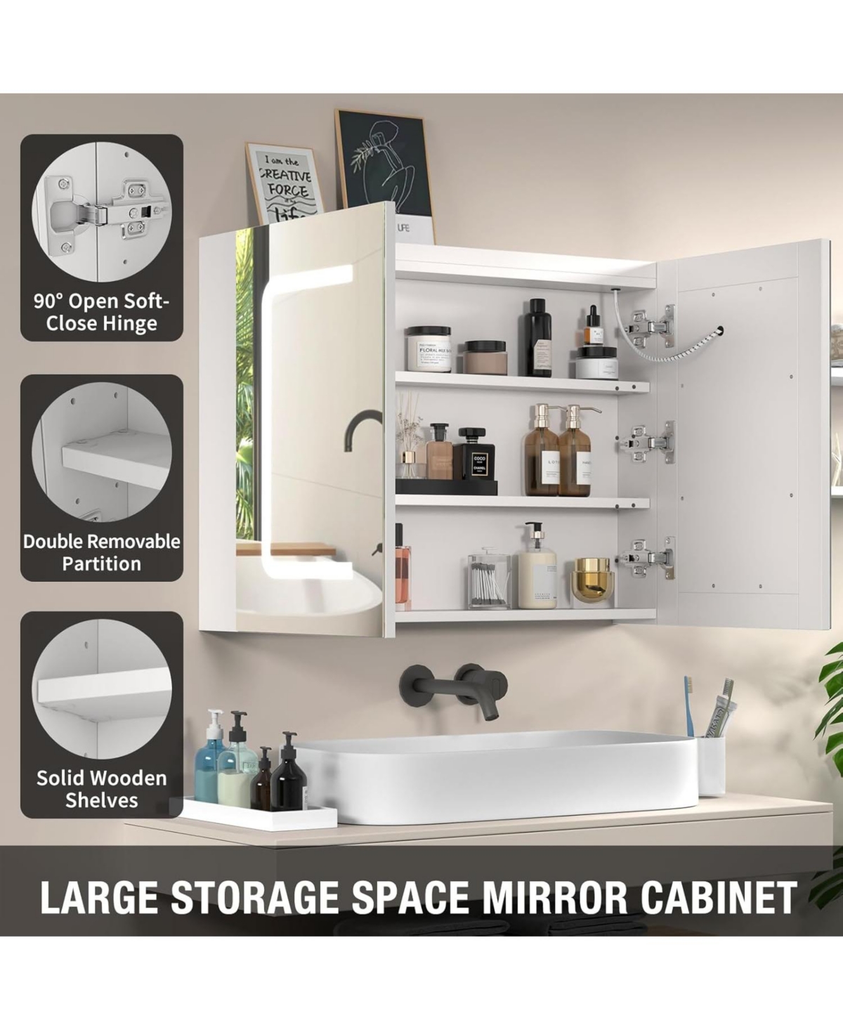 Lalahoo Lighted Medicine Cabinet Led Medicine Cabinet Medicine Cabinet Mirror for Bathroom 3 Colors Infinite Dimmer Anti-Fog Memory Function with Stor