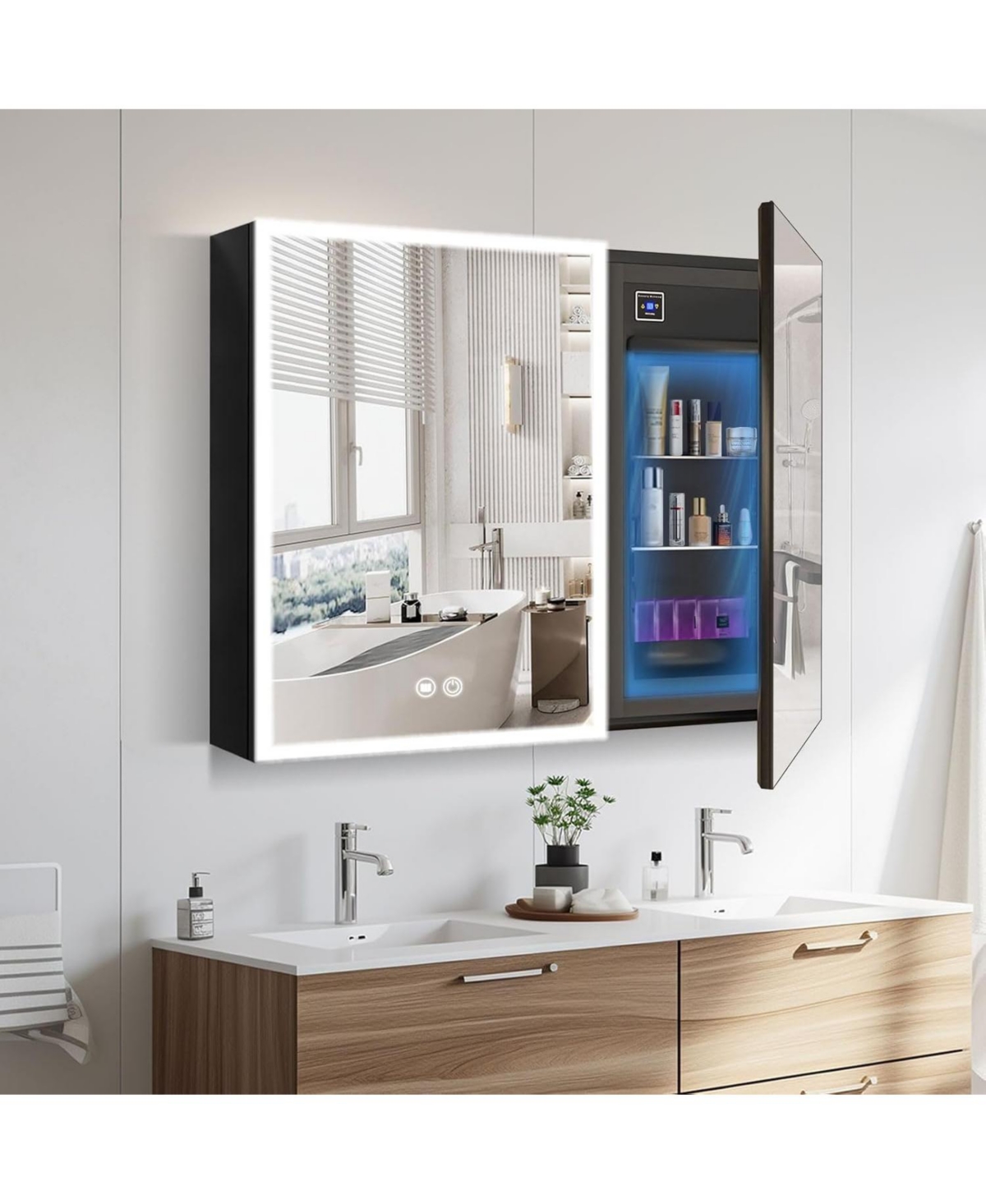 Lighted Medicine Cabinet with Mirror, Built-in Mini Fridge for Skincare, Adjustable Led Light Mirror, Bathroom Large Medicine Cabinet 2 Doors