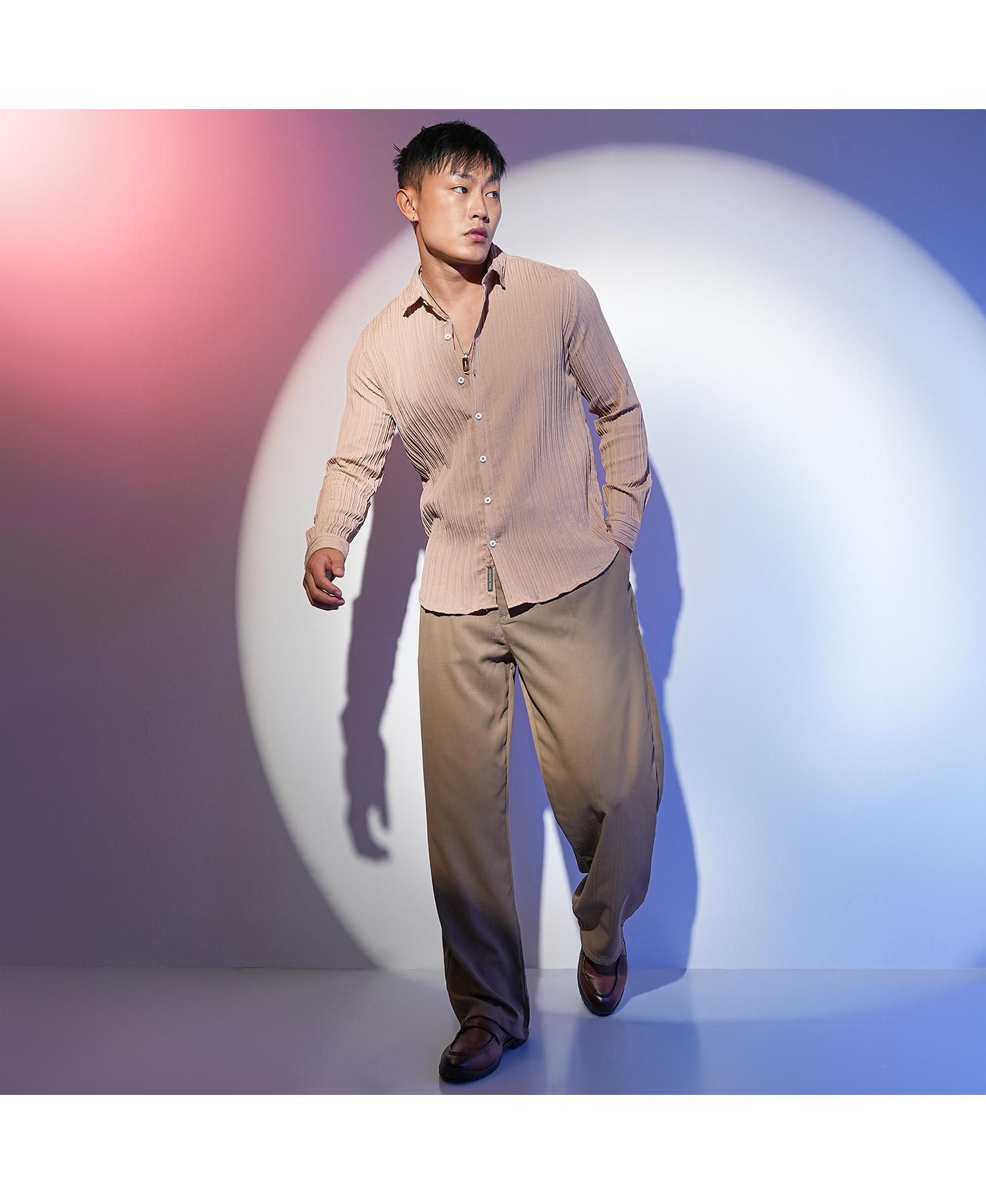 Men's Light Beige Self-Design Striped Shirt