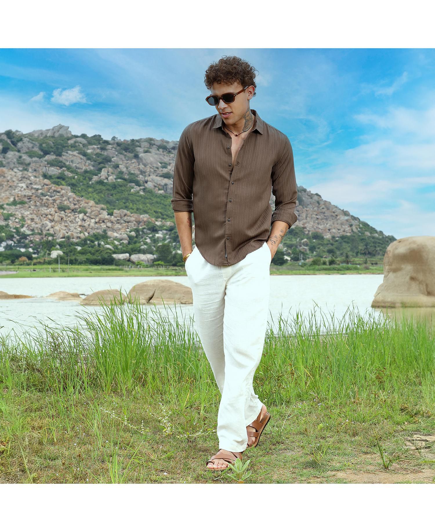 Men's Mocha Brown Self-Design Striped Shirt
