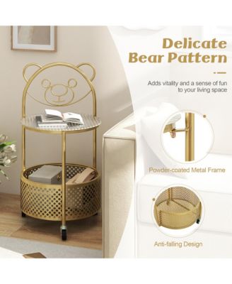 2-Tier Mobile Glass Coffee Table w/ Bear Pattern Storage Basket Transparent & Golden