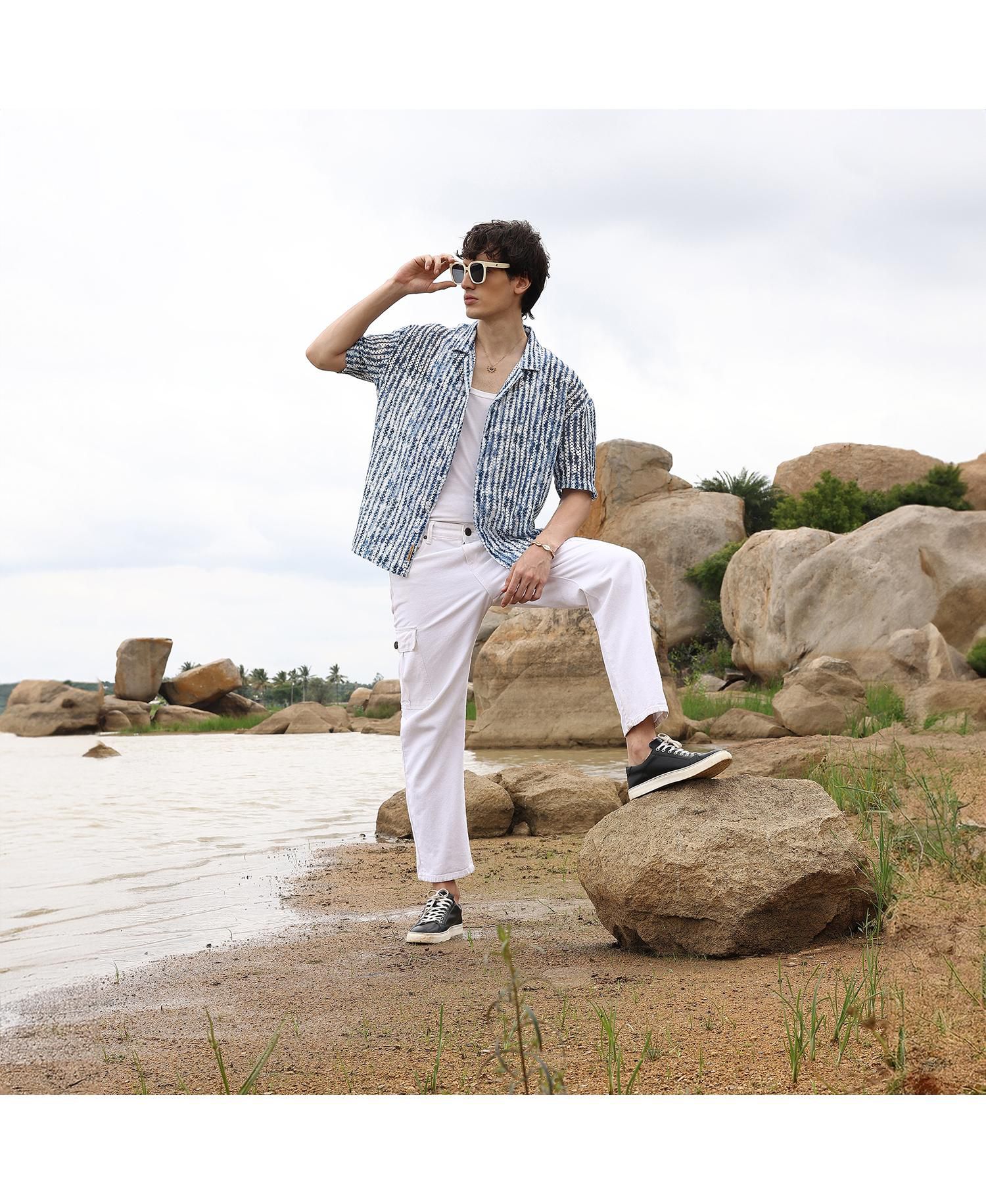 Men's Navy Blue & Ivory White Ombre-Striped Oversized Shirt