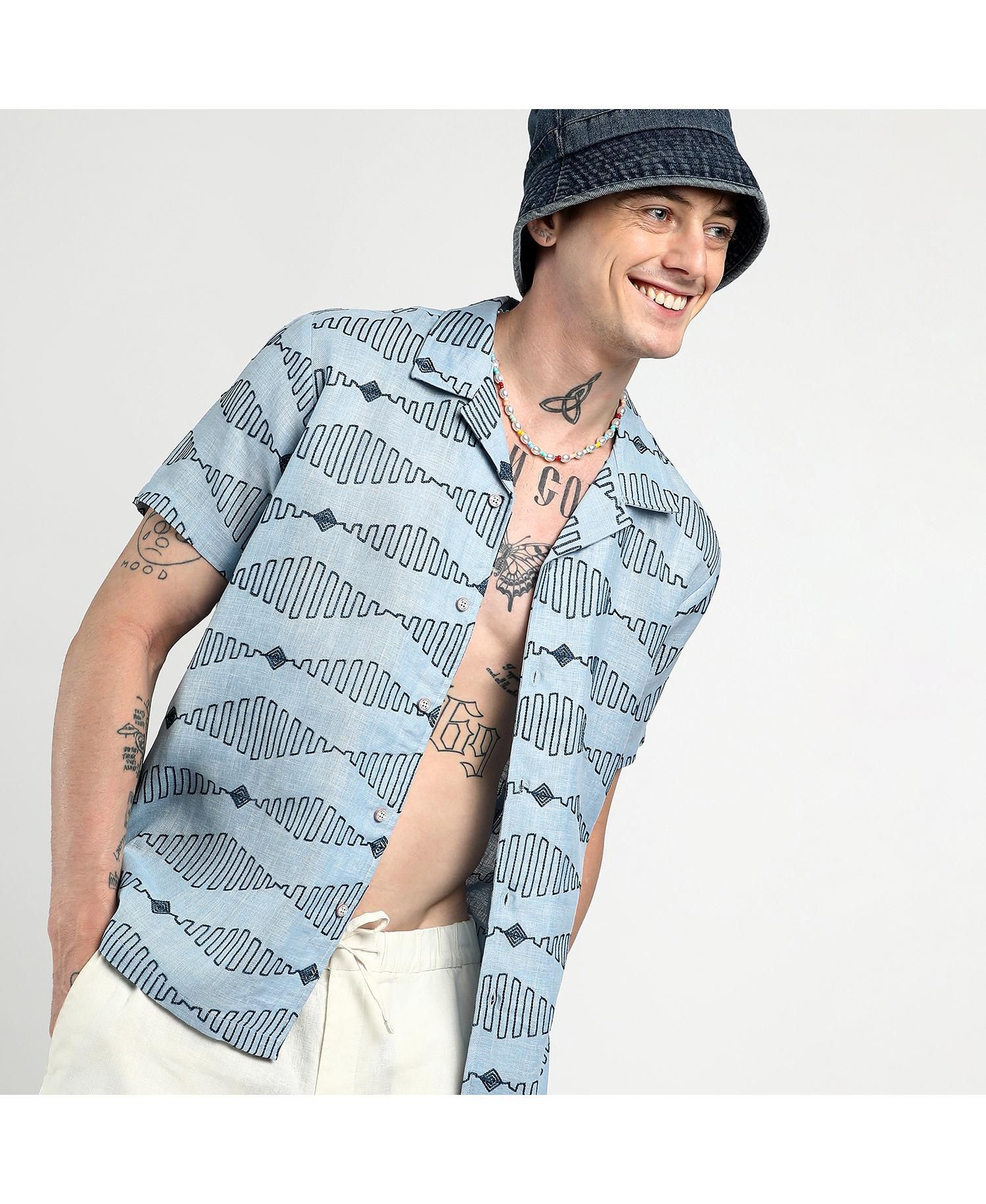Men's Icy Blue Embroidered Geometric-Lined Shirt