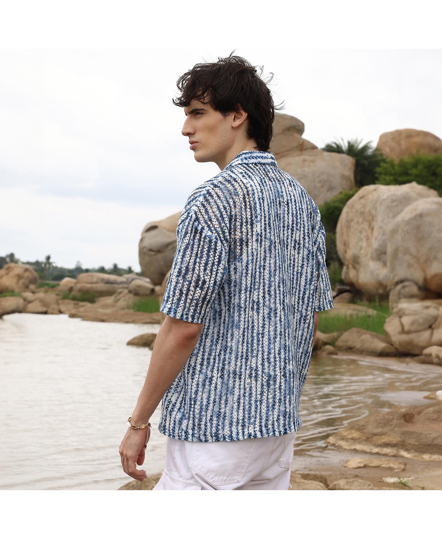 Men's Navy Blue & Ivory White Ombre-Striped Oversized Shirt