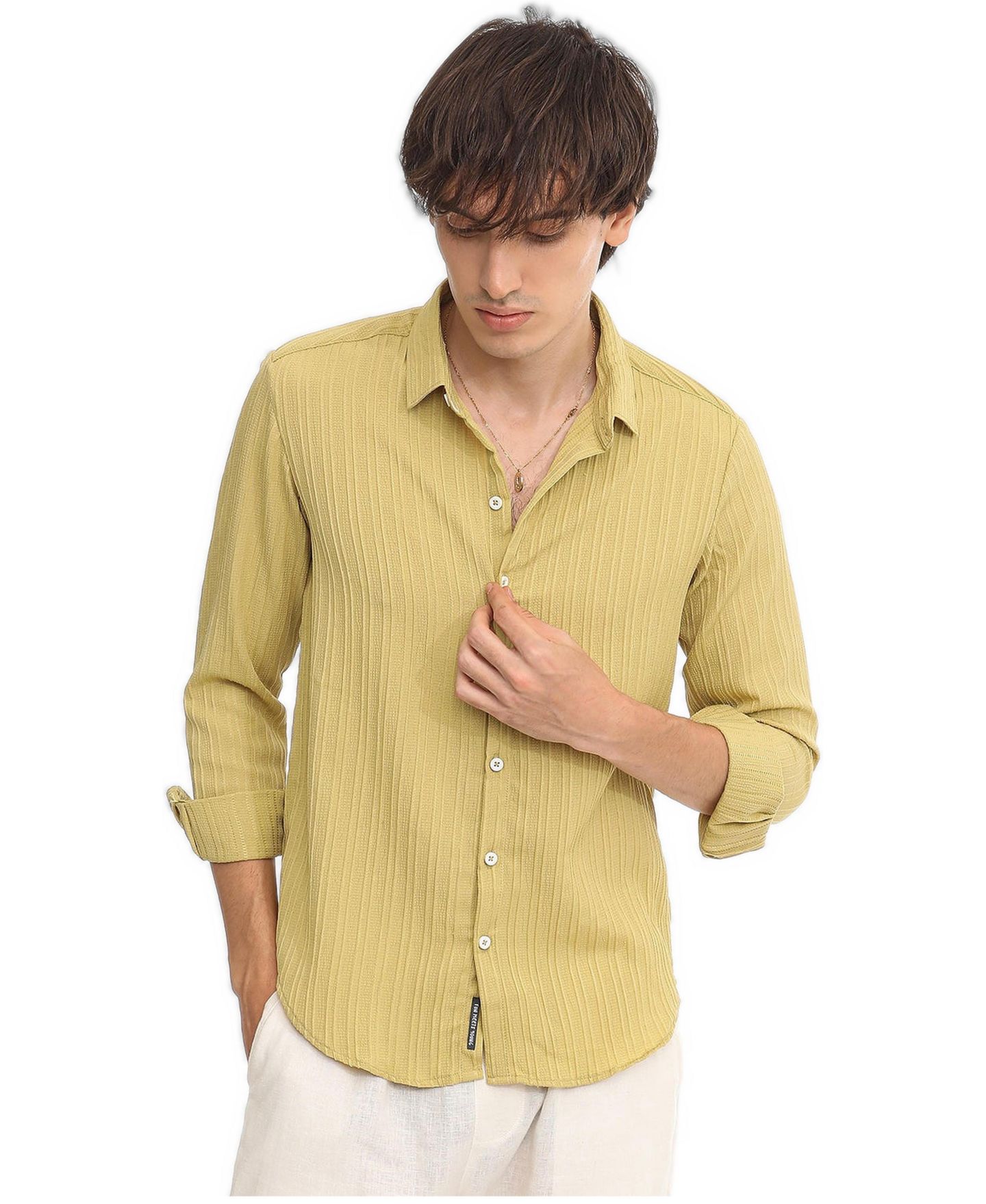 Мужская рубашка Cahoot Campus Sutra Naples Yellow Self-Design Striped, цвет: Жёлтый — фото 1