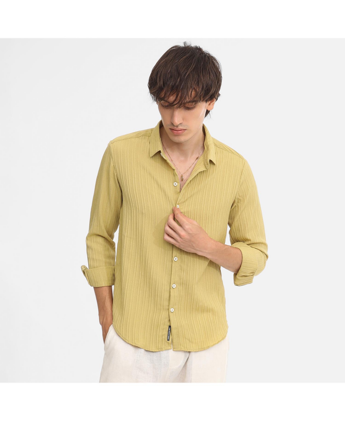 Men's Naples Yellow Self-Design Striped Shirt - Yellow