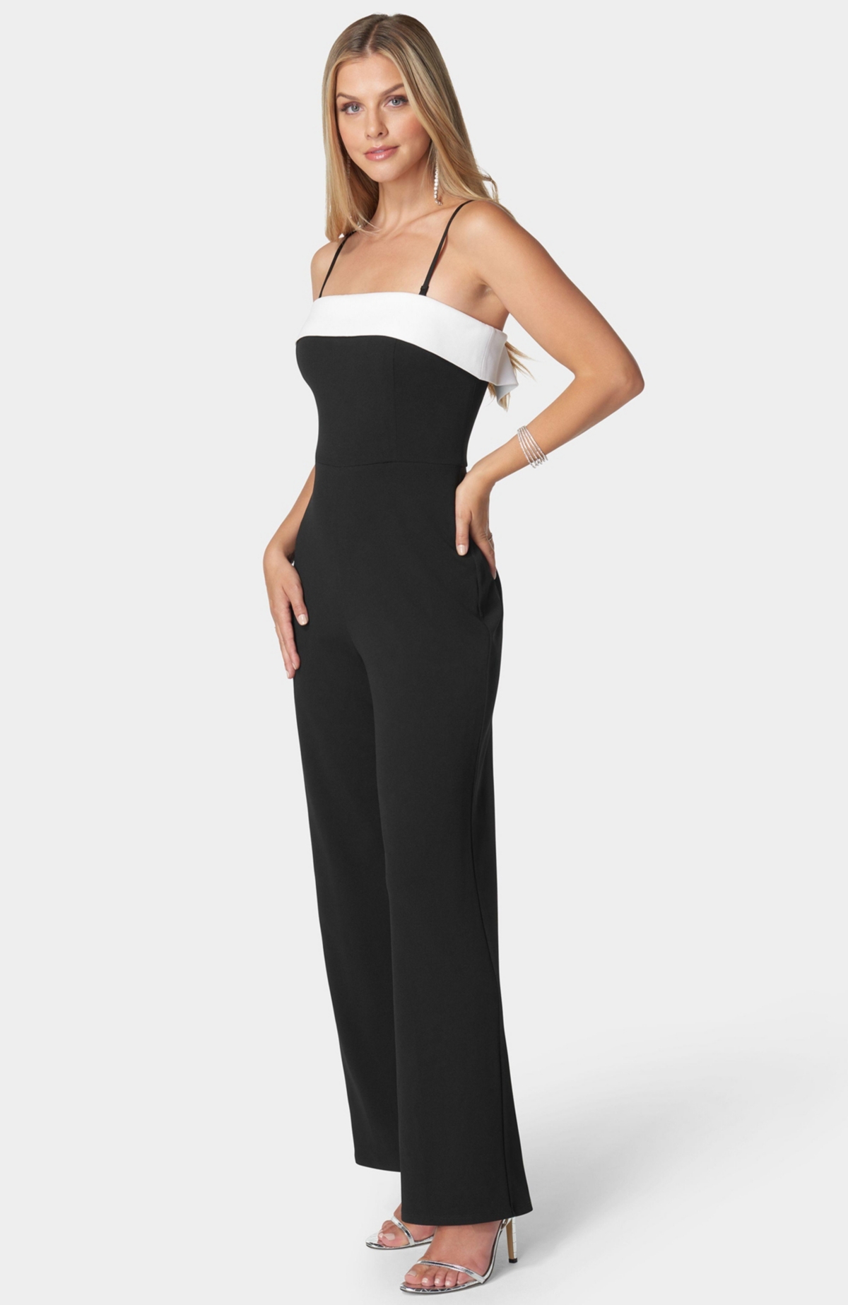 Bebe Women's Scuba Crepe Cuff Neck Strapless Jumpsuit -white