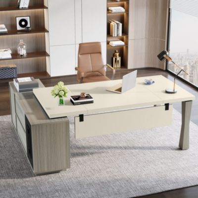 71-Inch Executive Desk, L-Shaped Desk with Cabinet, Large Office Desk with Storage Shelves, Writing Table Desk Business Furniture Set