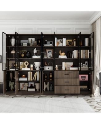 Brown Wood 23-Shelf Accent Bookcase with Glass Doors, Lights