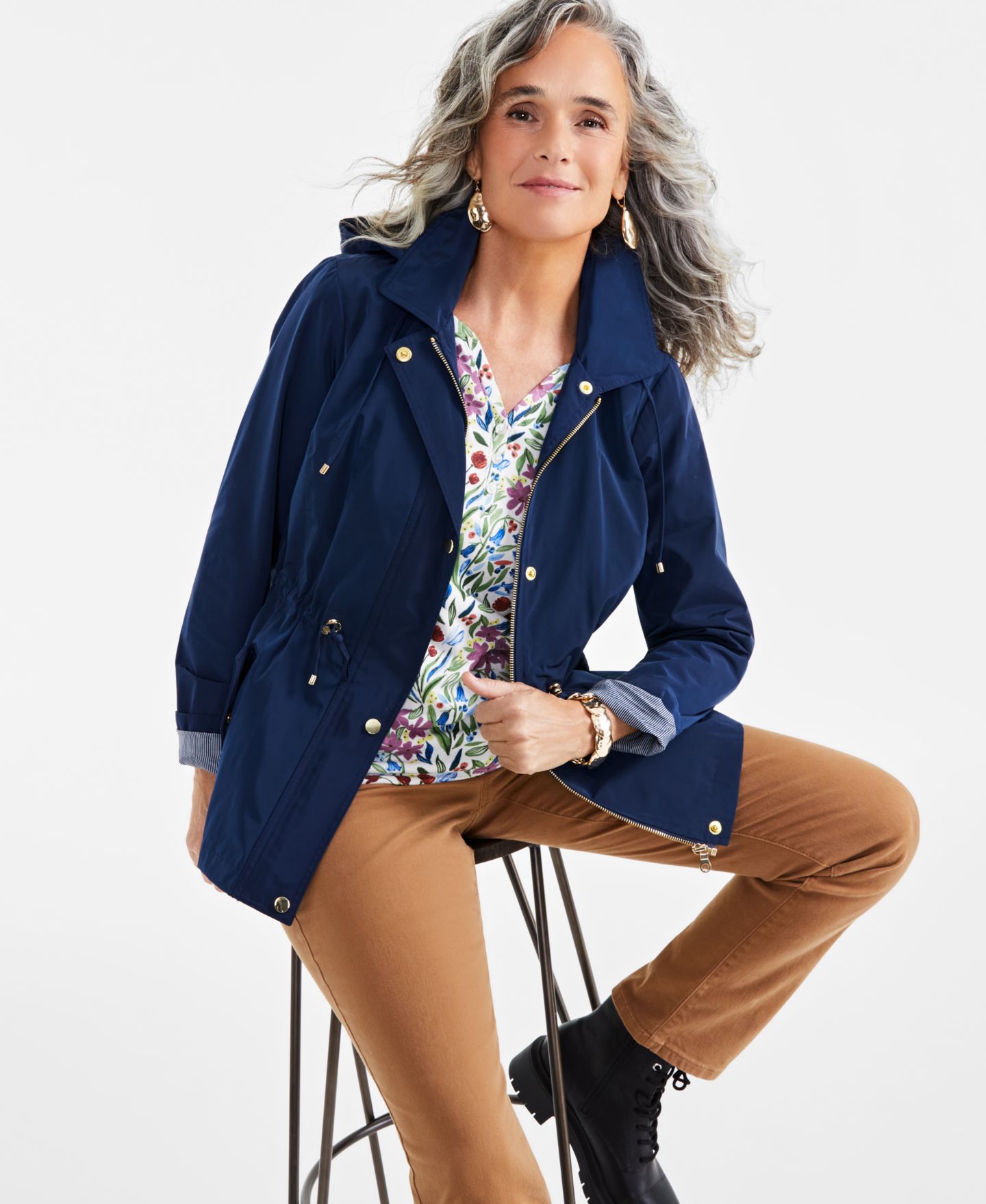 Женская куртка Style & Co Petite Hooded Anorak, цвет: Глубокий чёрный — фото 4