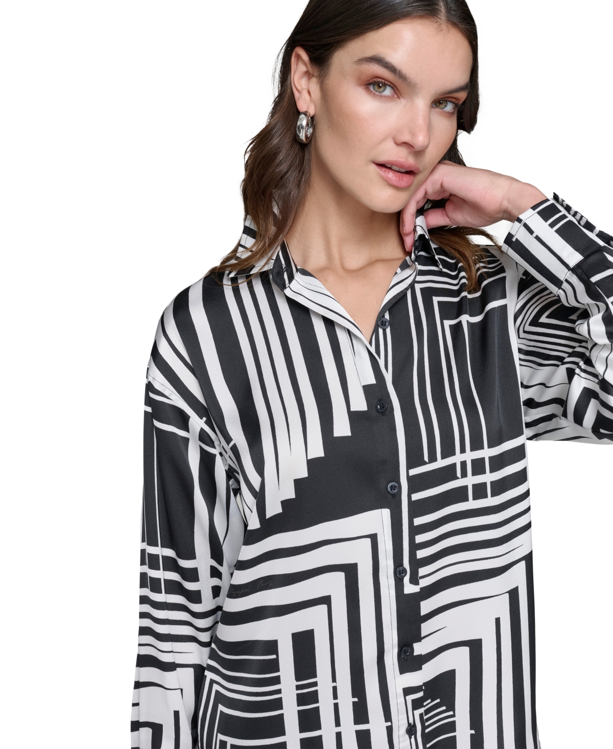 Karl Lagerfeld Paris Women's Oversized Printed Satin Button-Front Top - Black  Soft White