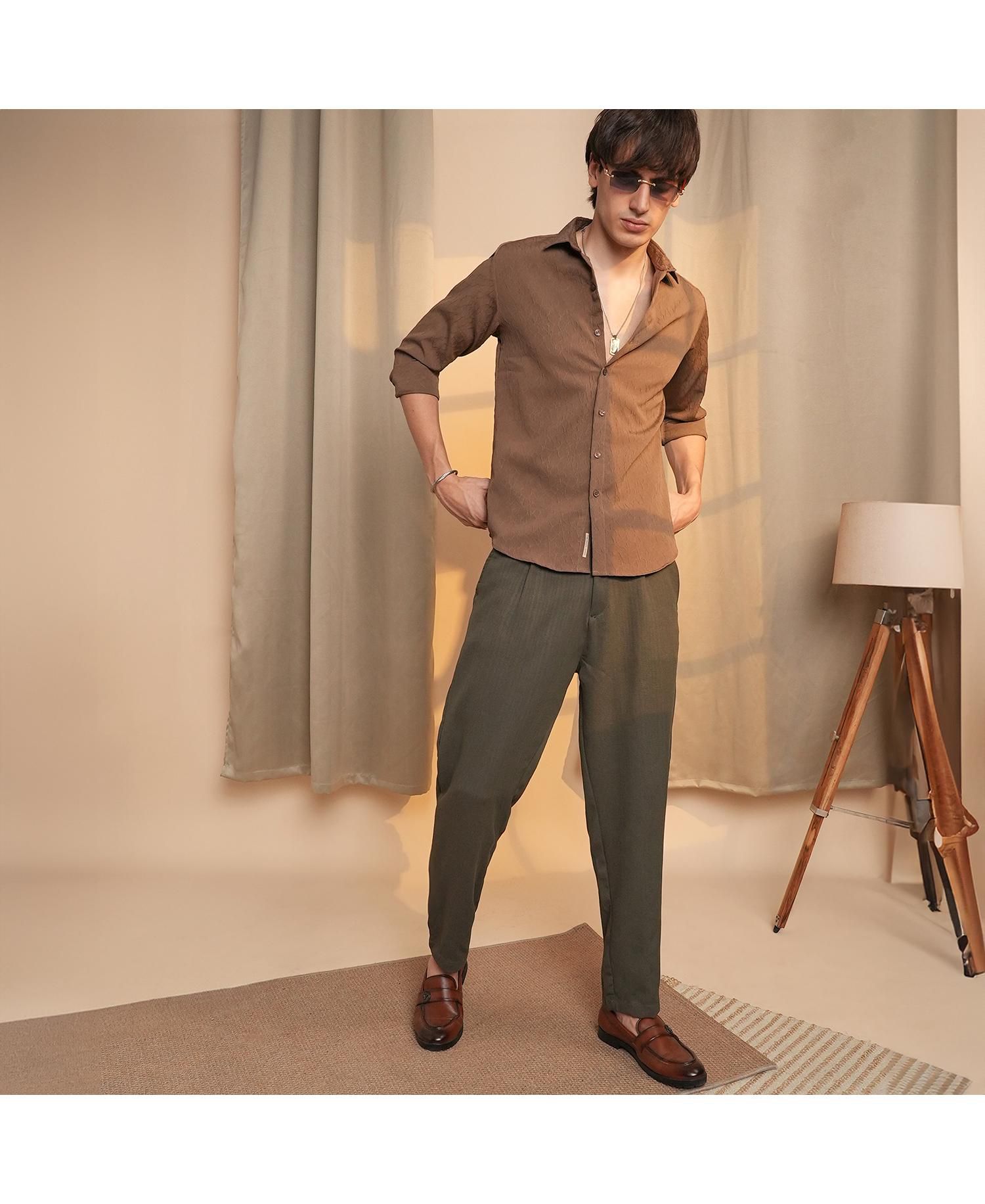 Men's Ash Brown Veined-Textured Shirt