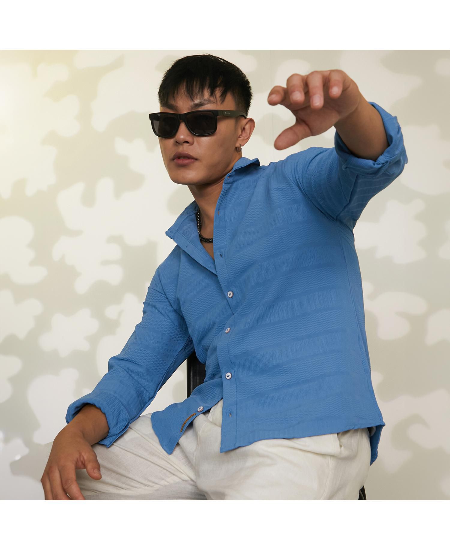 Men's Sky Blue Chevron-Textured Shirt