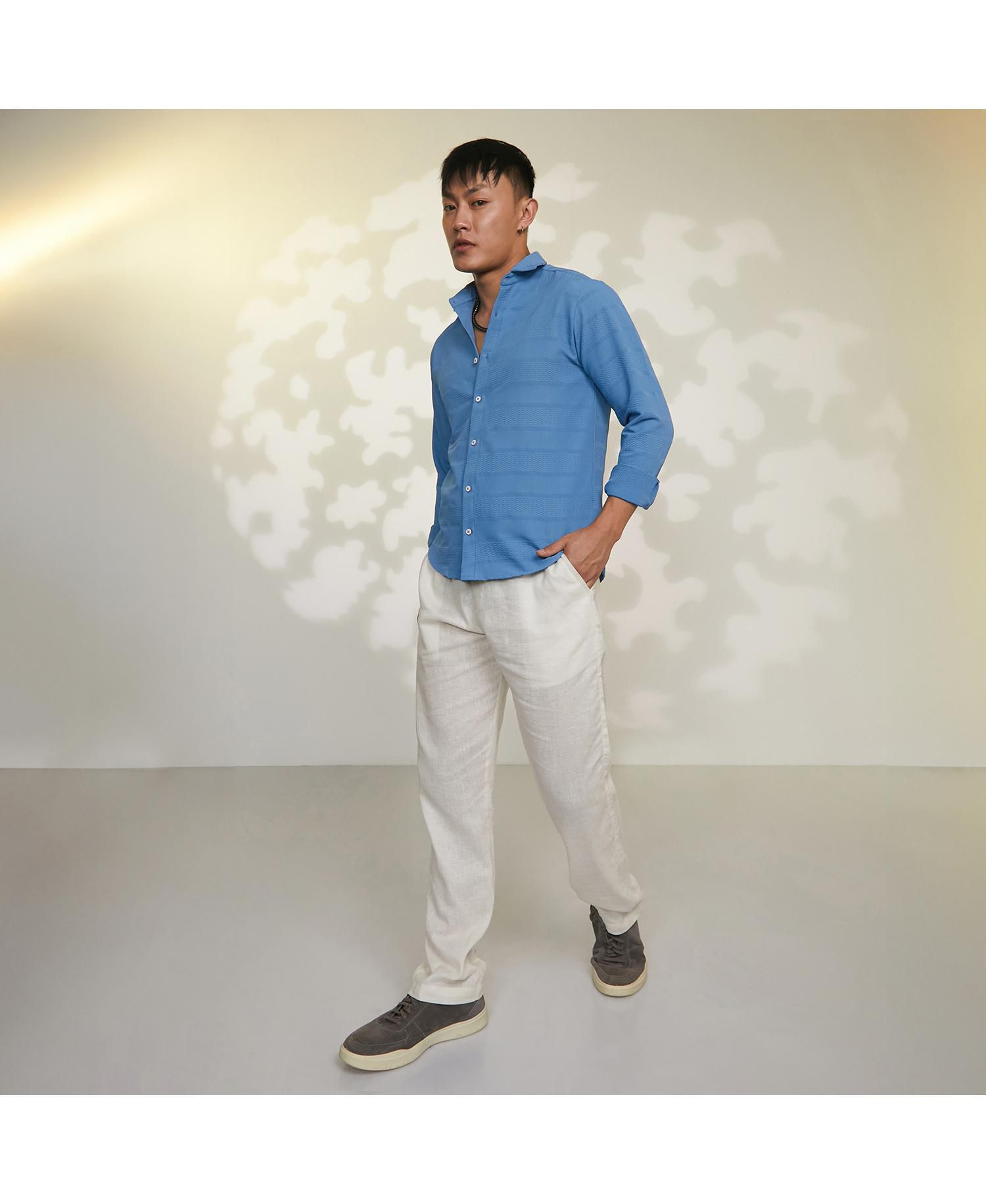 Men's Sky Blue Chevron-Textured Shirt