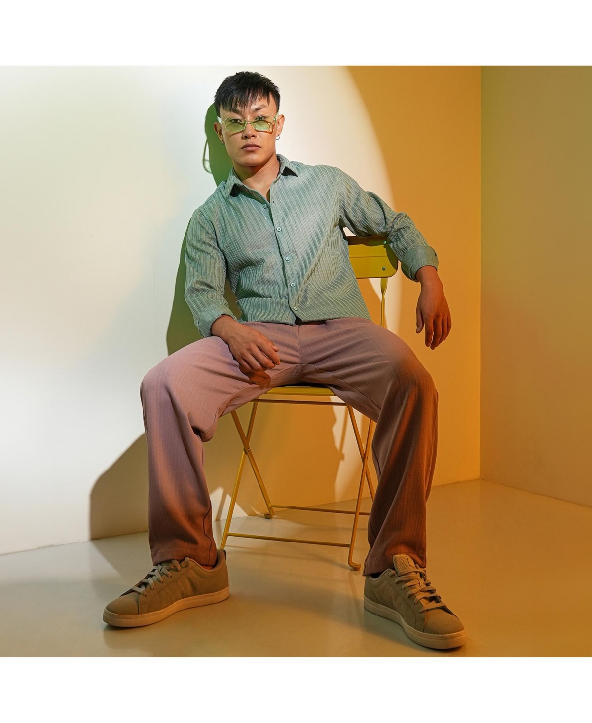 Campus Sutra Men's SeaRibbed-Striped Shirt - Green