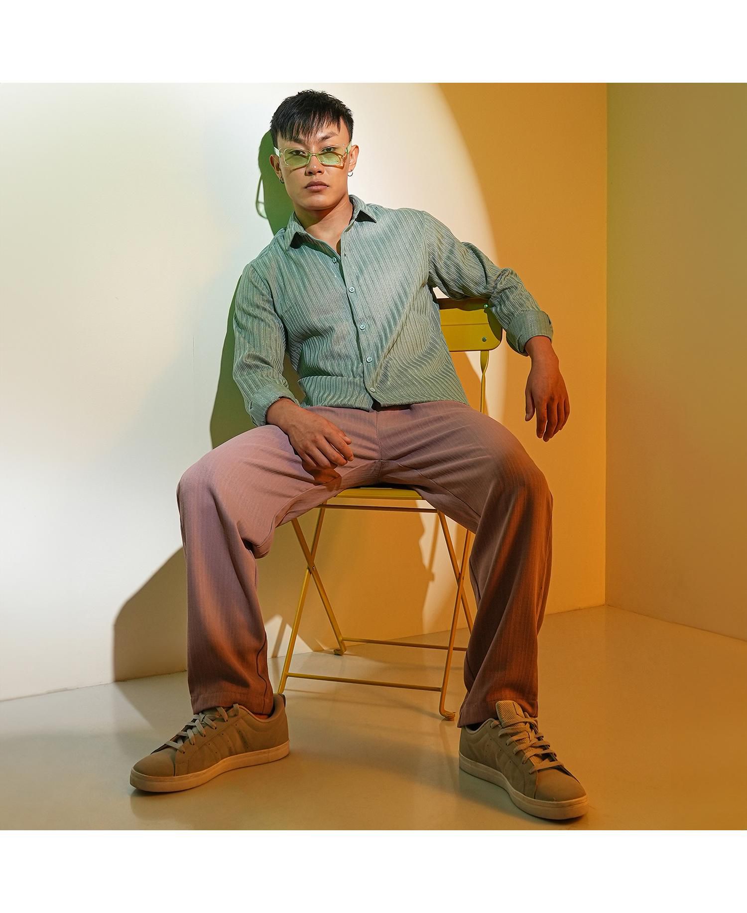 Men's Sea Green Ribbed-Striped Shirt