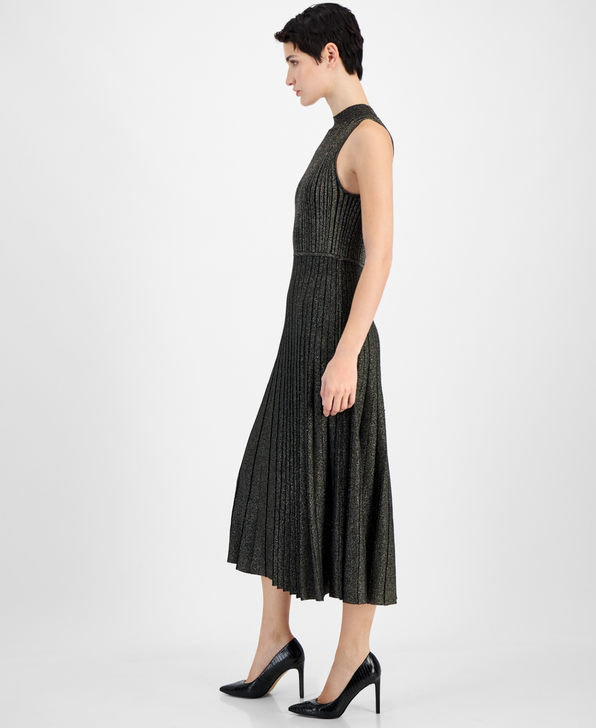 T Tahari Women's Metallic Mock-Neck Pleated Fit & Flare Dress -gold Lurex