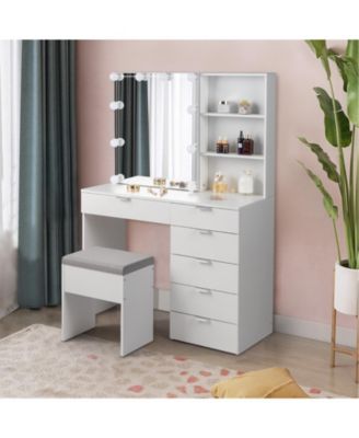 White Dressing Table Set with 6 Pumps, 2 Shelves, Mirror Cabinet & 3-Tone Light Bulbs