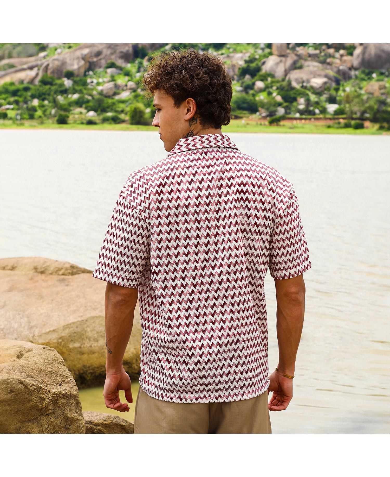 Men's Terracotta Brown & Powder White Chevron-Striped Oversized Shirt