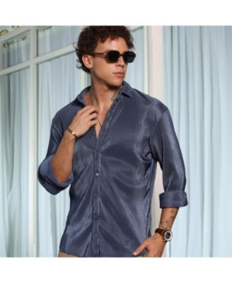 Men's Navy Blue Textured-Pleat Shirt