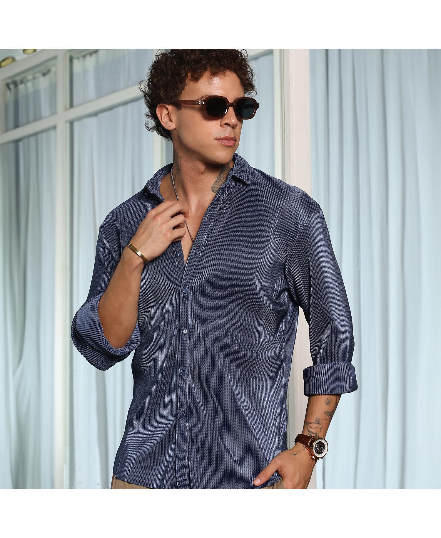 Men's Navy Blue Textured-Pleat Shirt