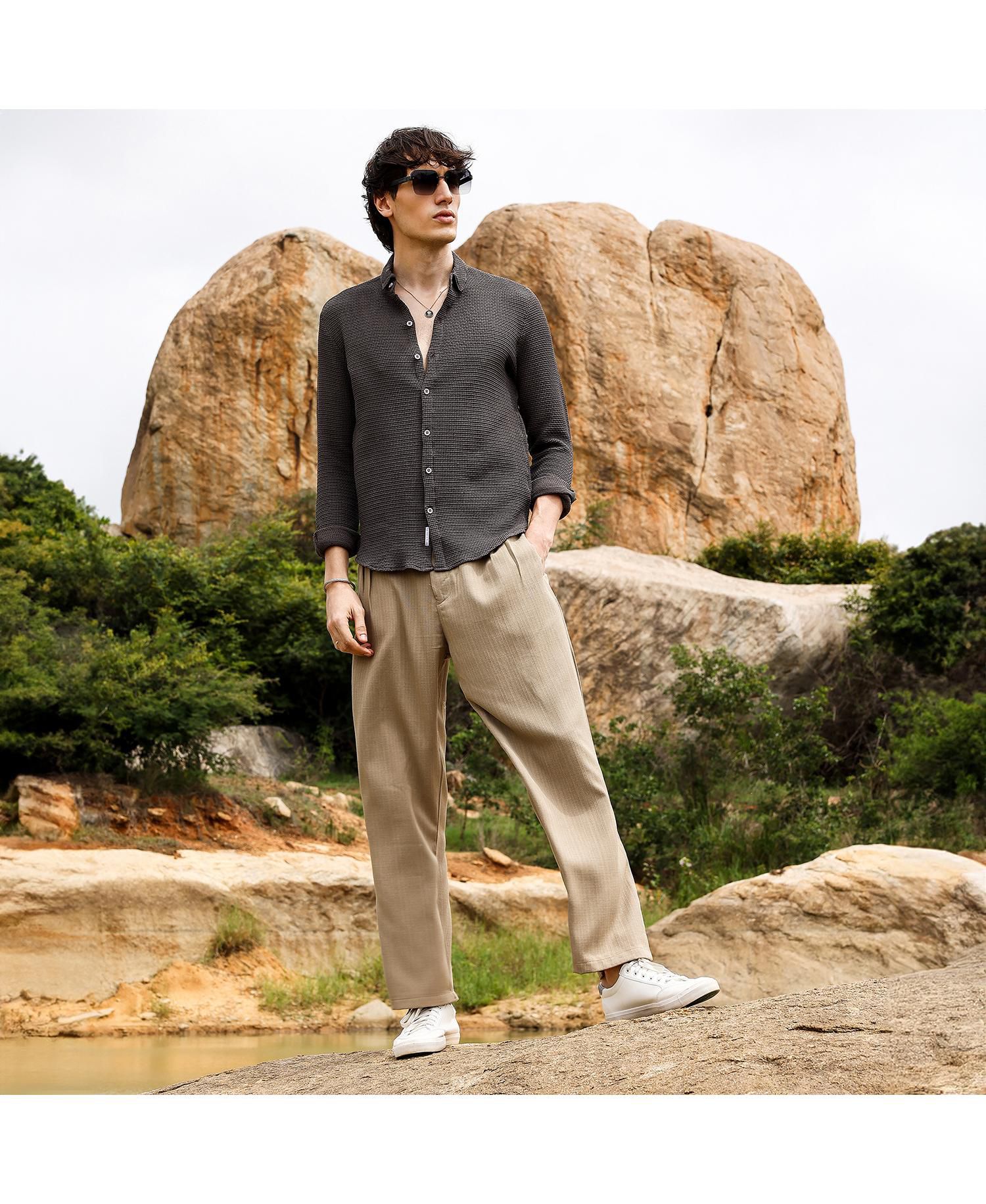 Men's Charcoal Black Weave-Textured Shirt