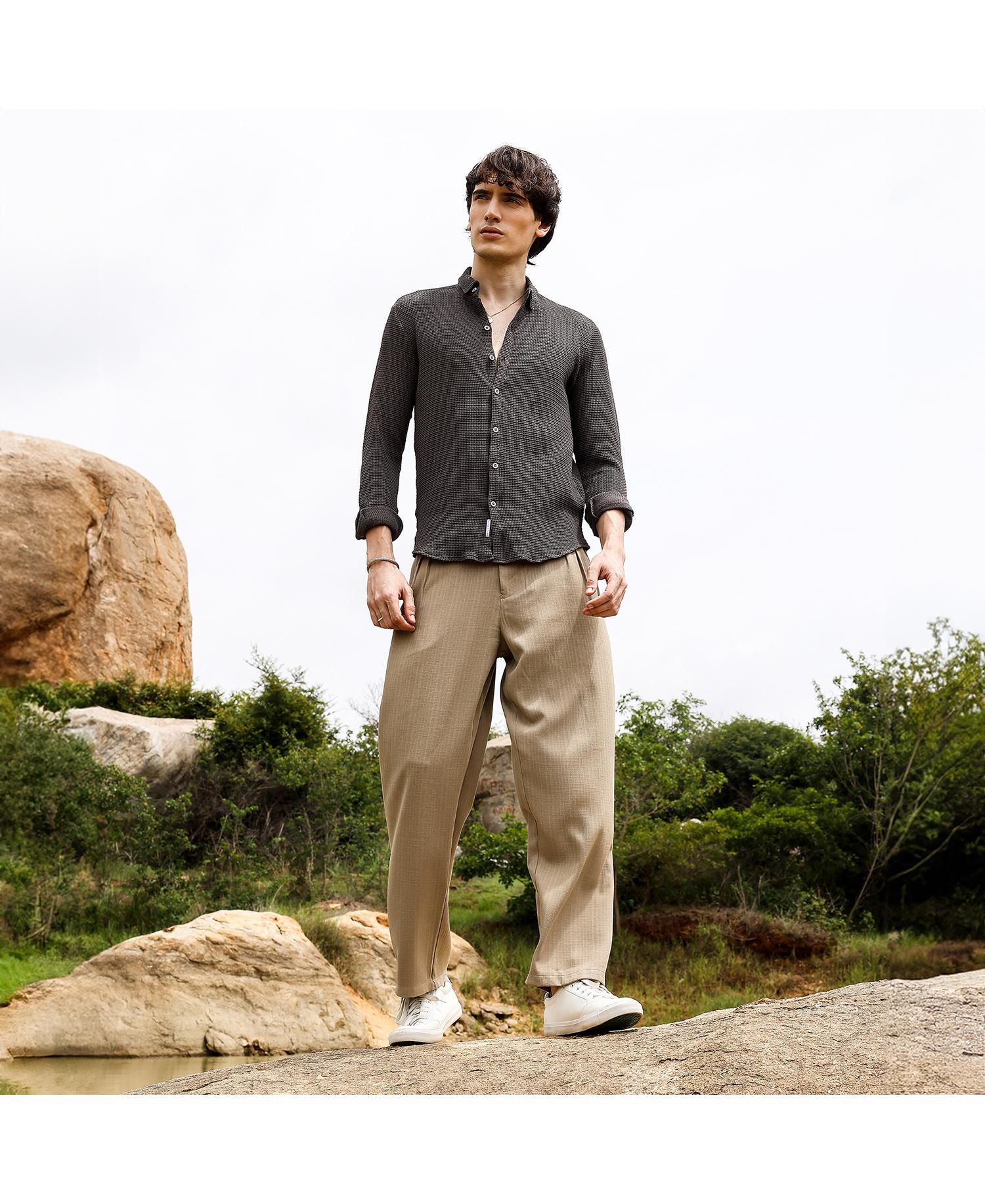 Men's Charcoal Black Weave-Textured Shirt