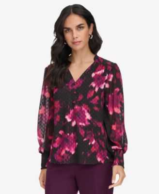 Calvin Klein - Women's Printed V-Neck Long-Sleeve Blouse
