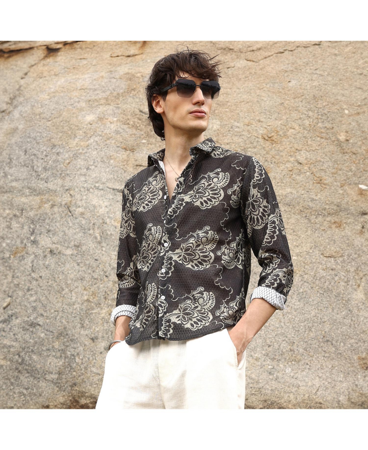 Campus Sutra Men's CharcoalFloral Block Shirt - Black