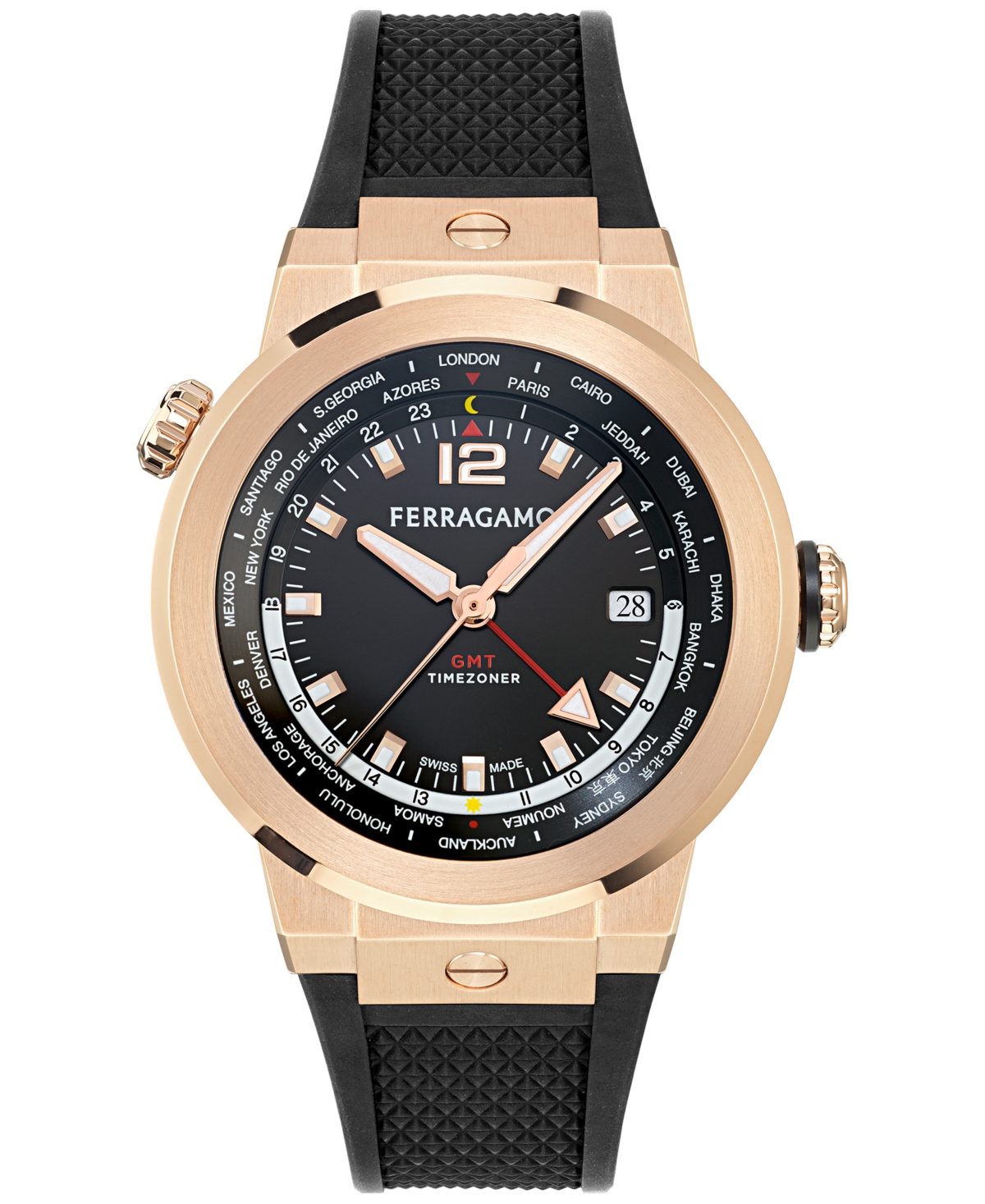 Edifier Men's Swiss F-80 Gmt Worldtime Black Silicone Watch 43mm In Rosegold