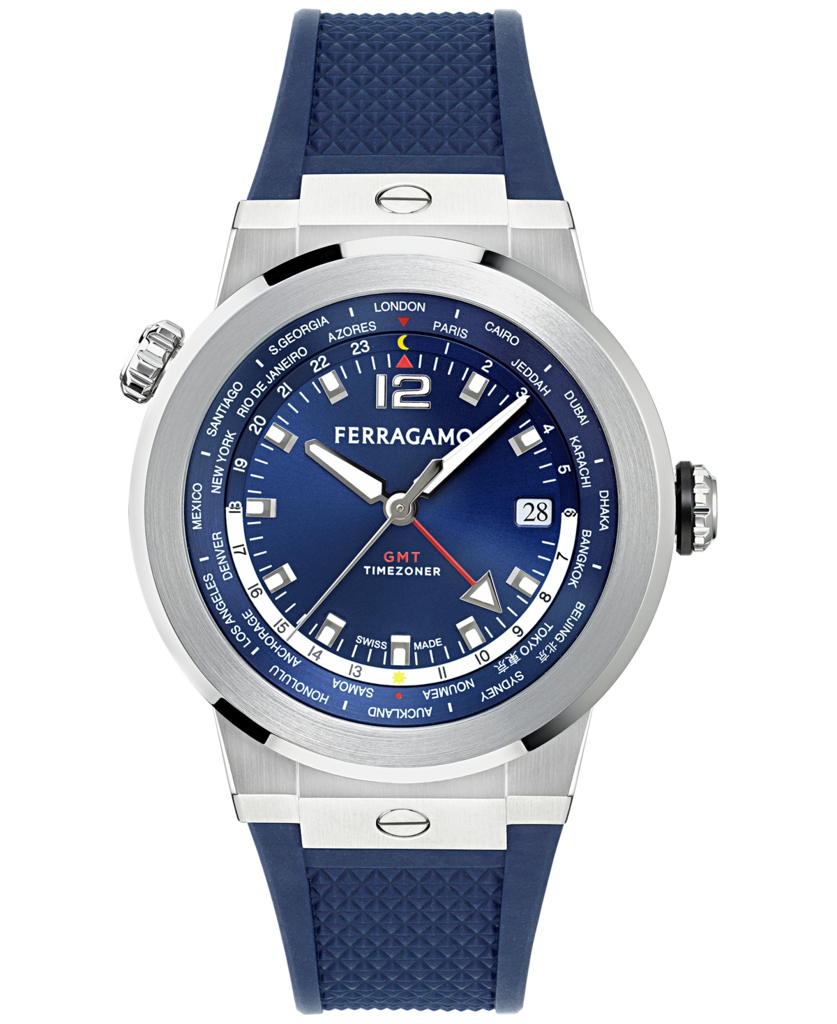 Edifier Men's Swiss F-80 Gmt Worldtime Blue Silicone Watch 43mm In Stainless