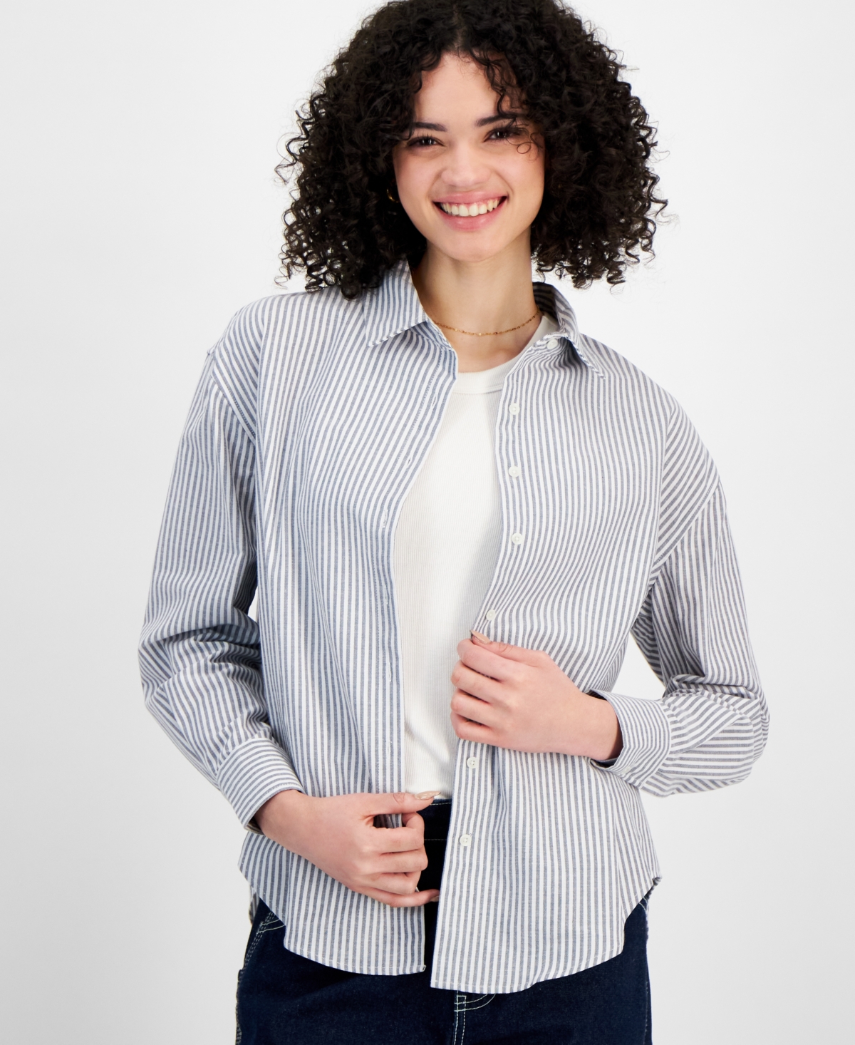 SELF ESTEEM JUNIORS' STRIPED LONG-SLEEVE BUTTON-UP SHIRT 