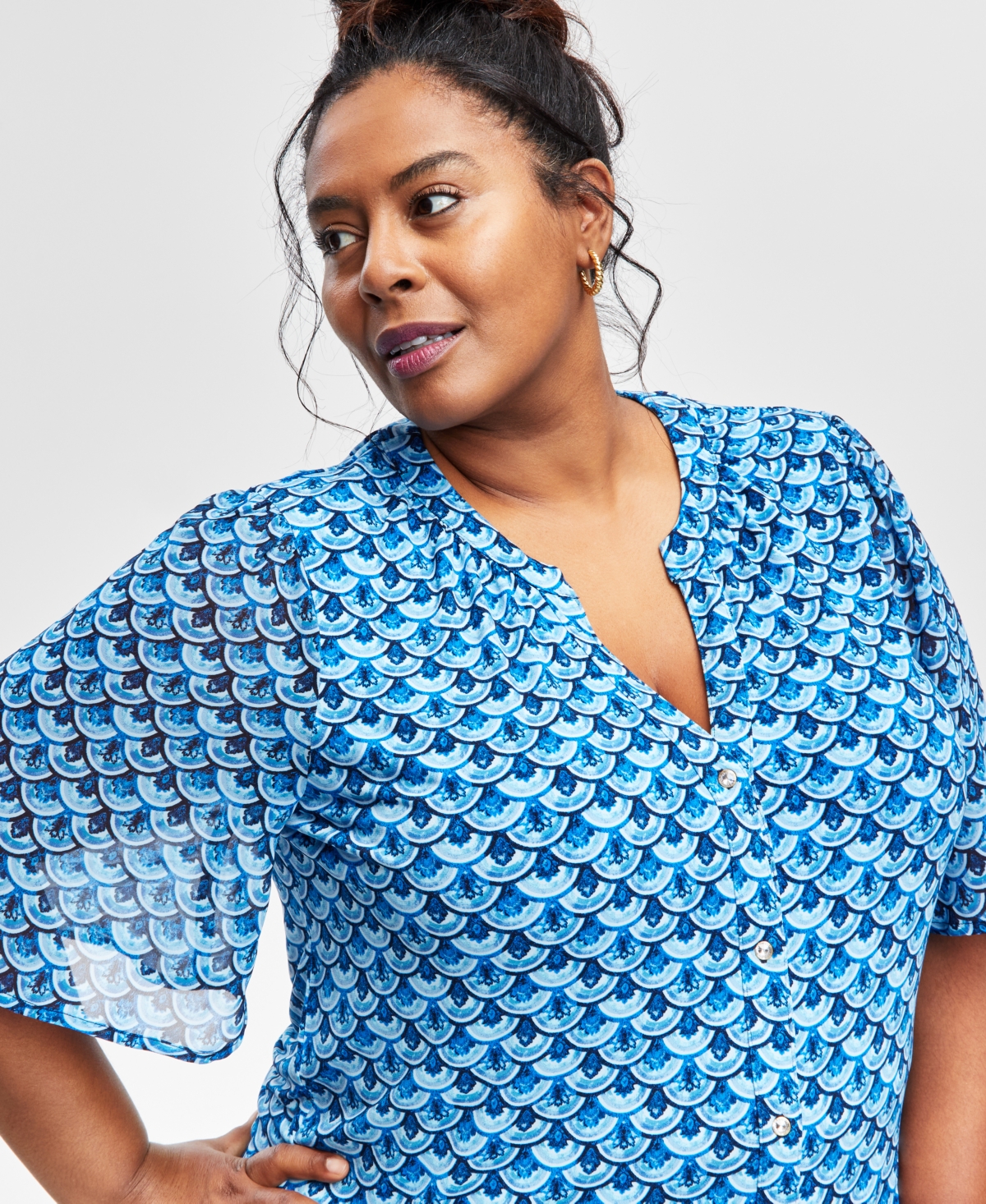 Jm Collection Plus Size Split-Neck Flutter-Sleeve Blouse, Exclusively at Macy's